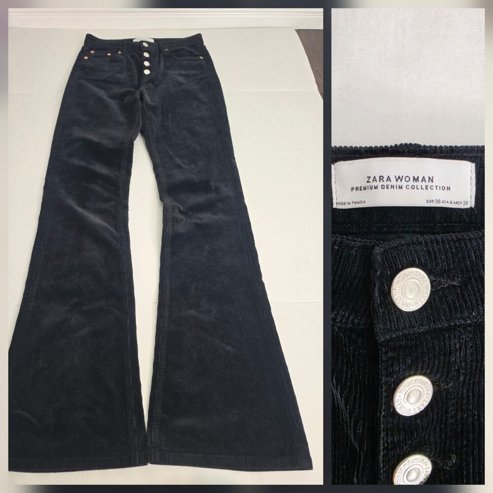 Zara Jeans Sz 4 Bootcut Wide Leg Flare High Rise Black Corduroy Pants Stretch